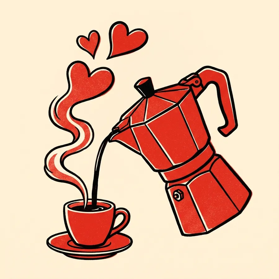 Illustrazione: moka che versa il caffè in una tazzina