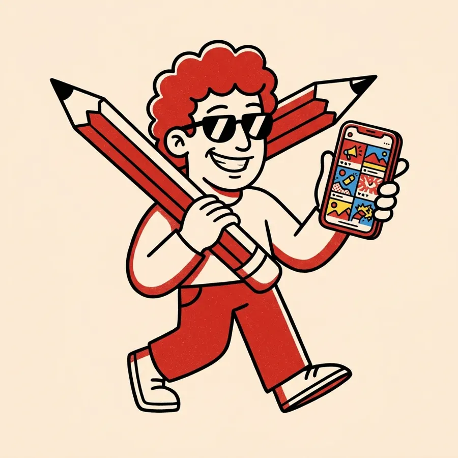 Illustrazione: il cugino grafico con matita gigante e smartphone pieno di post