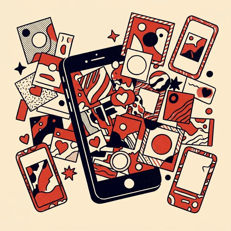 Illustrazione: smartphone da cui escono grafiche social pronte